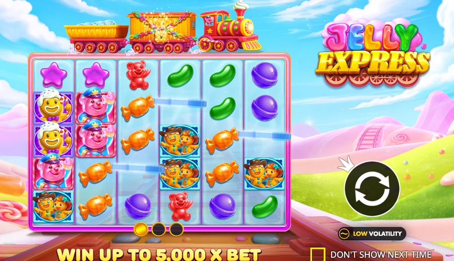 Jelly Express base game - the 6x5 candy grid with the gummy-bear conductor above the reels