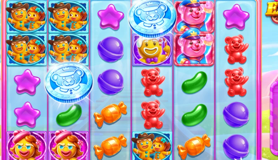 Close-up of the Jelly Express reels showing candy and gingerbread symbols
