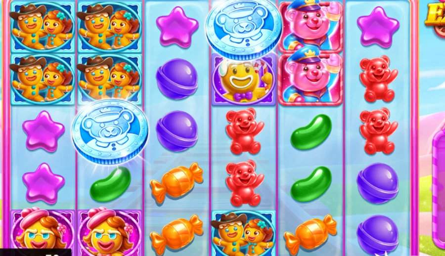 Close-up of the Jelly Express reels showing candy symbols and a coin scatter