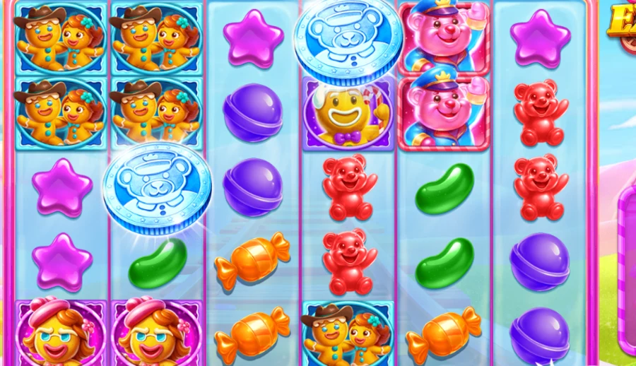 Close-up of Jelly Express reels with candy symbols and a coin scatter