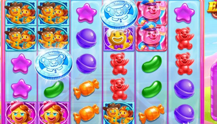 Close-up of the Jelly Express reels showing candy and gingerbread symbols with a coin scatter