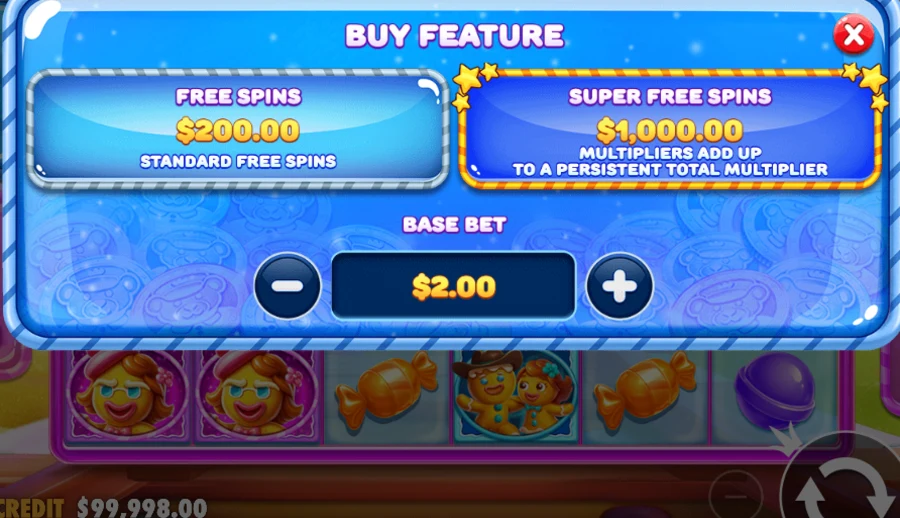 Jelly Express Buy Feature panel comparing Free Spins and Super Free Spins prices