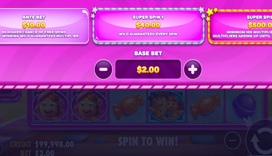 Jelly Express Special Bets panel close-up showing the Ante Bet and Super Spin options