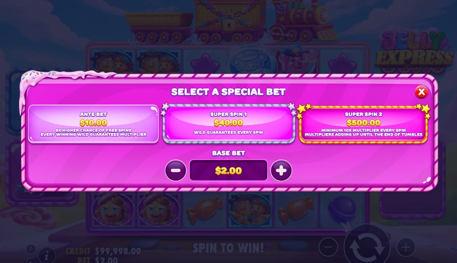 Jelly Express Special Bets screen showing Ante Bet, Super Spin 1 and Super Spin 2