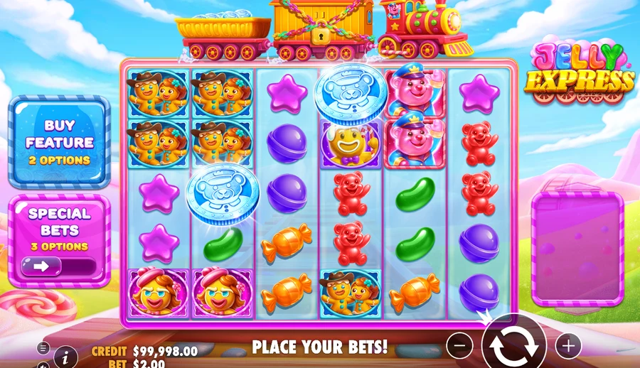 Jelly Express base-game grid with candy and gingerbread symbols