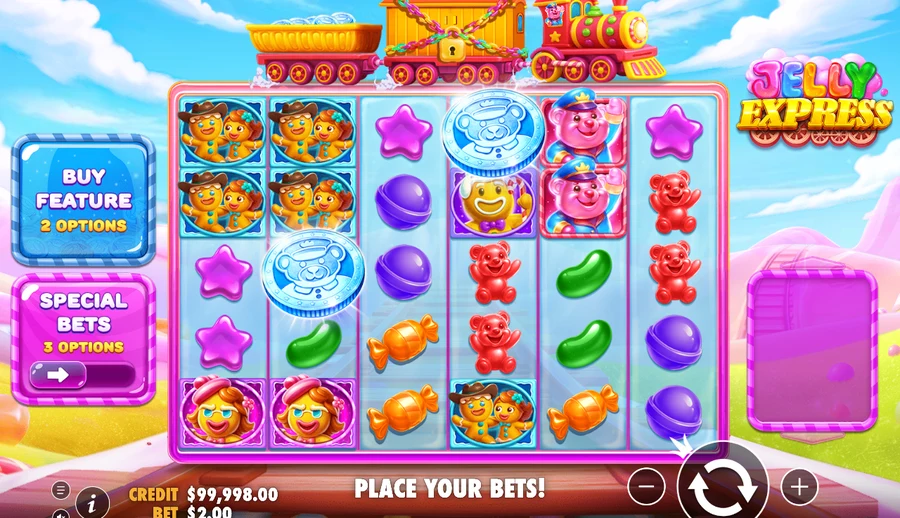 Jelly Express base-game grid with candy symbols and coin scatters