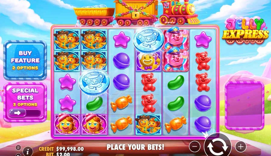 Jelly Express candy-train slot reels showing candy and gingerbread symbols