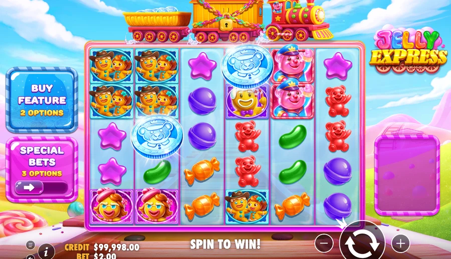 Jelly Express base game grid with the spin-to-win prompt
